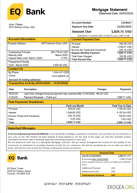 Relevé d'hypothèque de la banque USA Ontario EQ aux formats Word et PDF